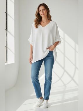 Zenana V-Neck Woven Dolman Sleeve Top in White